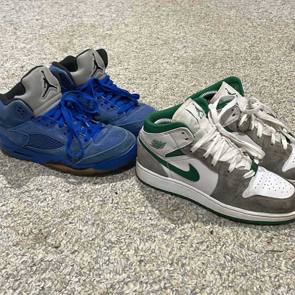 Back to school special! Jordan 1 Grey Pine Greens and Jordan 5 Blue Suedes